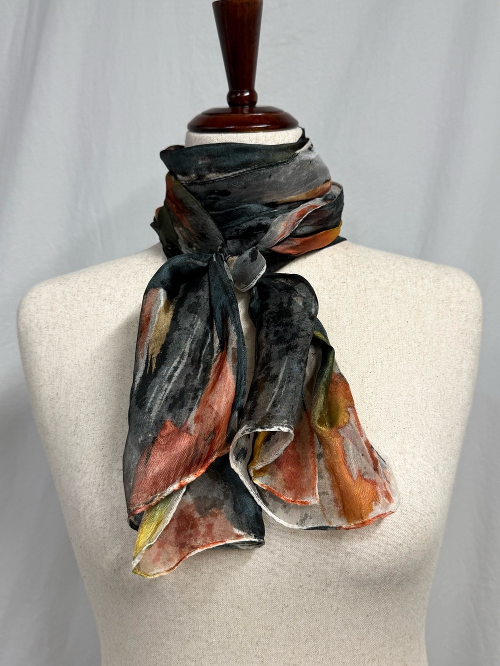 Yuh Okano Abstract Watercolor Pattern Silk Scarf - Gray teal orange